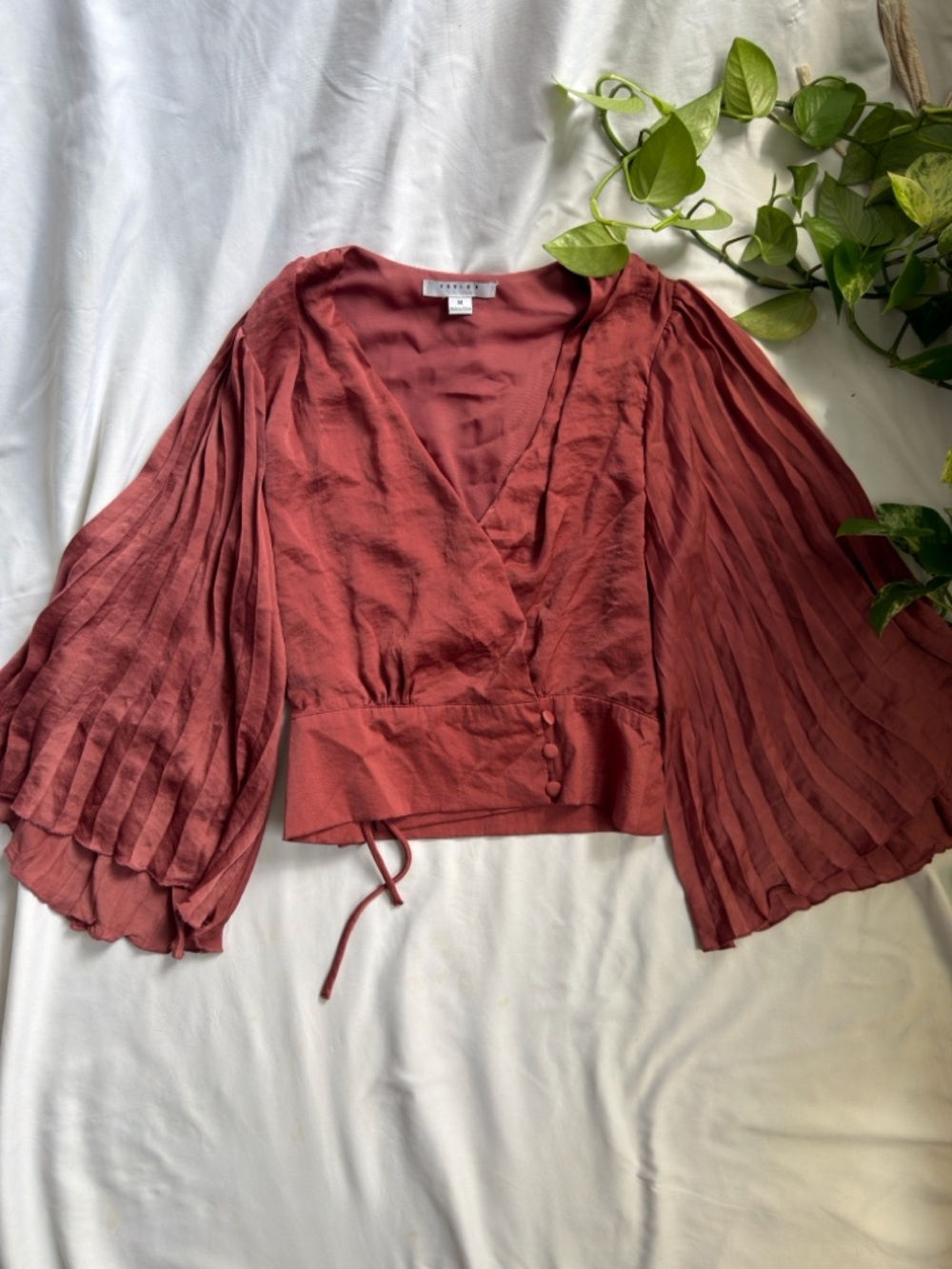 FAVLUX Pleated Balloon Sleeve Wrap Top in Rust